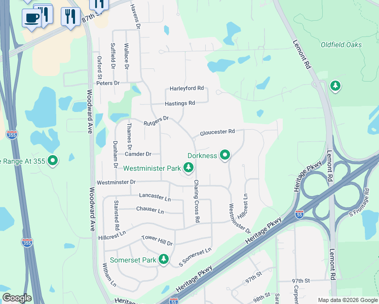 map of restaurants, bars, coffee shops, grocery stores, and more near 8949 Charing Cross Road in Woodridge