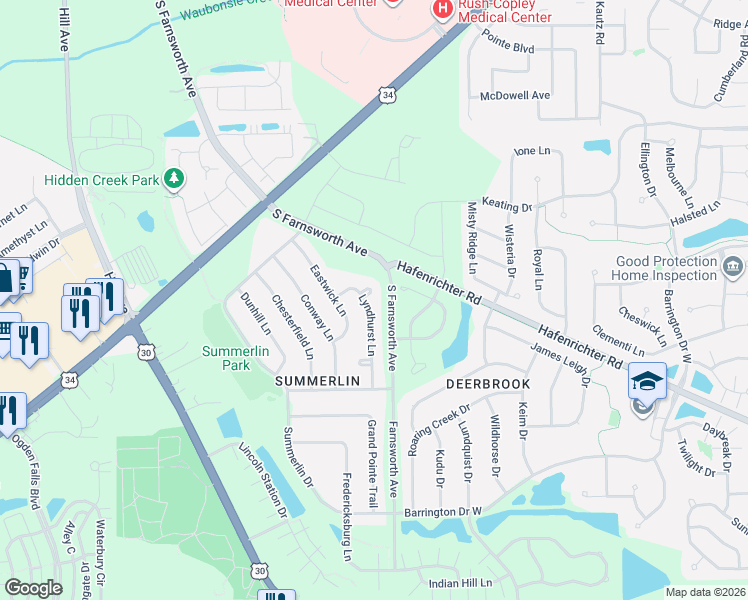 map of restaurants, bars, coffee shops, grocery stores, and more near 1932 Lyndhurst Lane in Aurora
