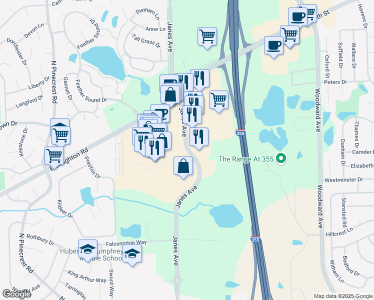 map of restaurants, bars, coffee shops, grocery stores, and more near Janes Avenue in Bolingbrook
