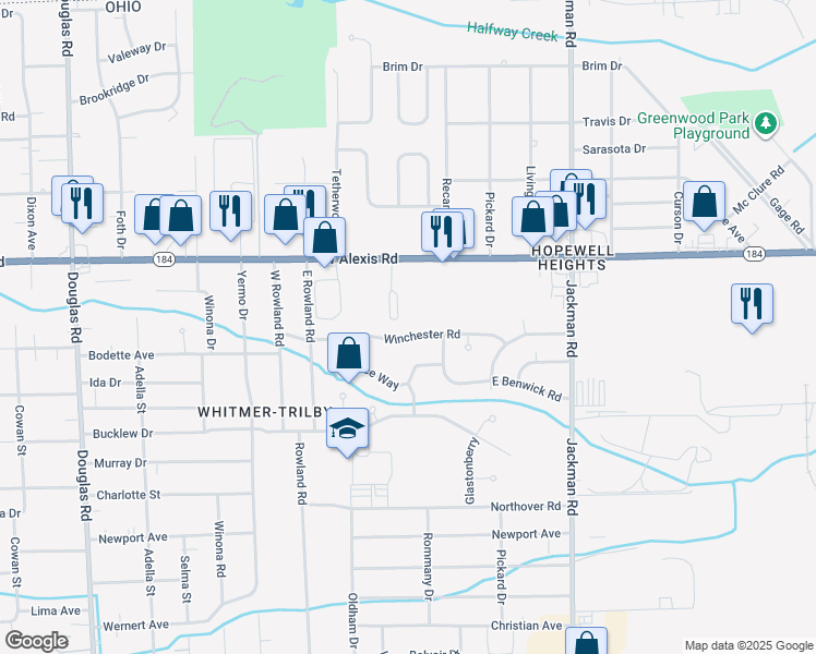 map of restaurants, bars, coffee shops, grocery stores, and more near 1922 Winchester Road in Toledo