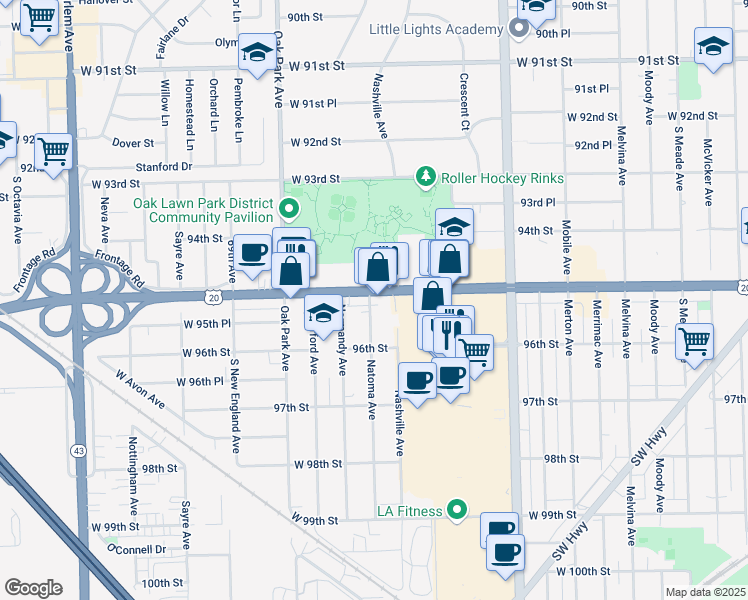 map of restaurants, bars, coffee shops, grocery stores, and more near 6619 95th Street in Oak Lawn