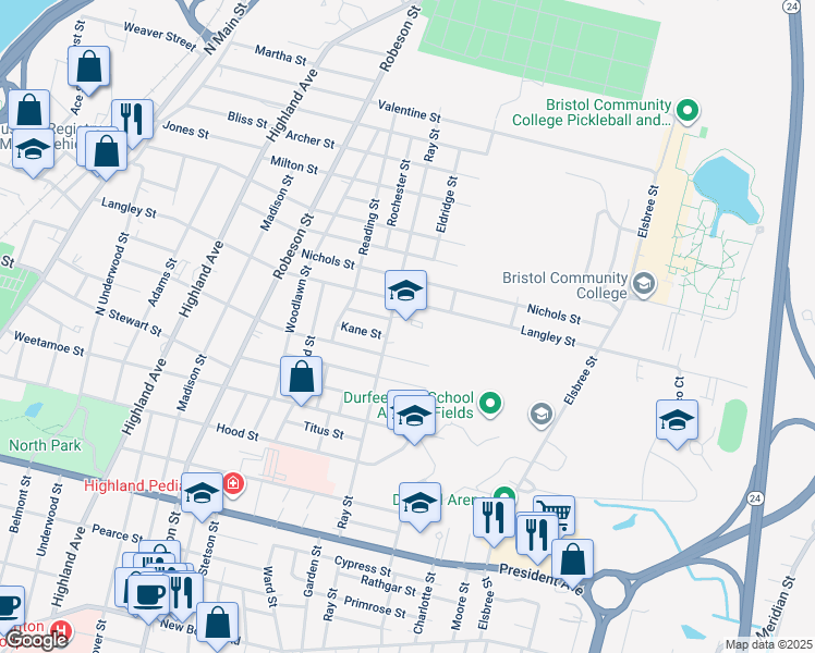 map of restaurants, bars, coffee shops, grocery stores, and more near 711 Ray Street in Fall River