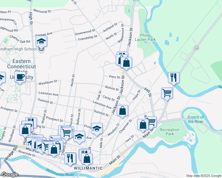 map of restaurants, bars, coffee shops, grocery stores, and more near 32 Bolivia Street in Windham