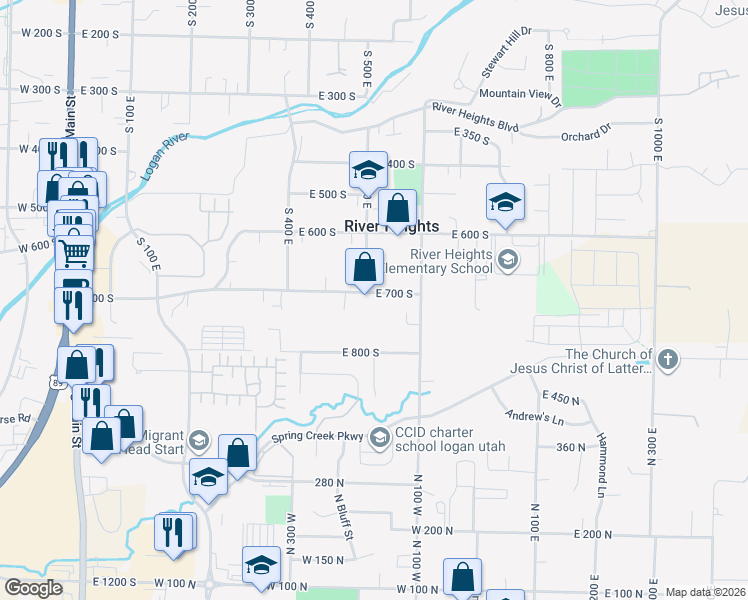 map of restaurants, bars, coffee shops, grocery stores, and more near 516 East 700 South in River Heights