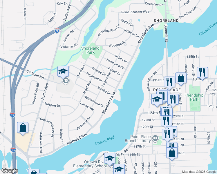 map of restaurants, bars, coffee shops, grocery stores, and more near 5245 Pageland Dr in Toledo