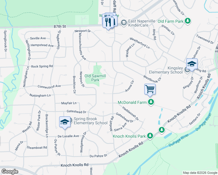 map of restaurants, bars, coffee shops, grocery stores, and more near 408 Pickerel Court in Naperville