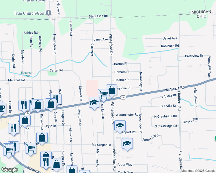 map of restaurants, bars, coffee shops, grocery stores, and more near 5757 Whiteford Road in Sylvania