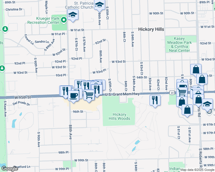 map of restaurants, bars, coffee shops, grocery stores, and more near 9419 South 85th Court in Hickory Hills