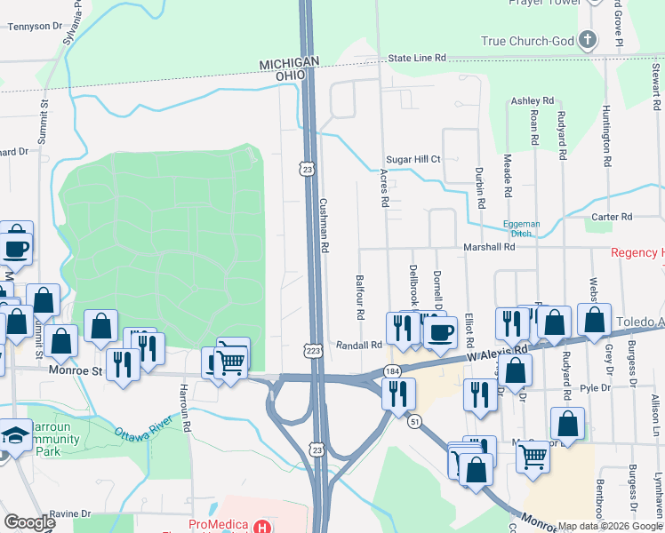 map of restaurants, bars, coffee shops, grocery stores, and more near 5758 Cushman Road in Sylvania