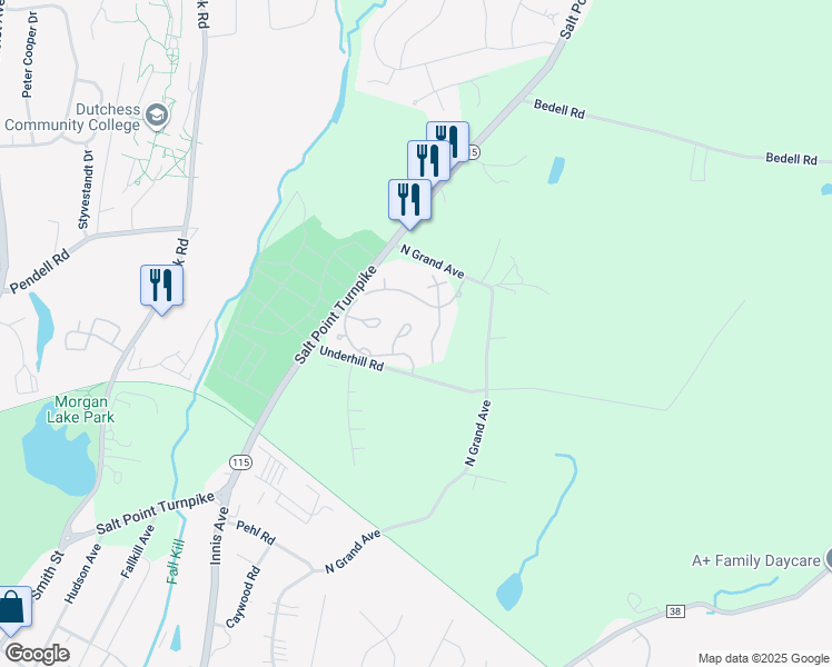 map of restaurants, bars, coffee shops, grocery stores, and more near 18 Amber Court in Poughkeepsie