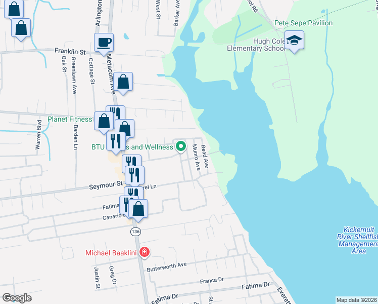 map of restaurants, bars, coffee shops, grocery stores, and more near 10 Terrace Avenue in Warren
