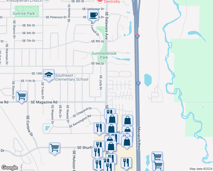 map of restaurants, bars, coffee shops, grocery stores, and more near 1303 Southeast Delaware Avenue in Ankeny