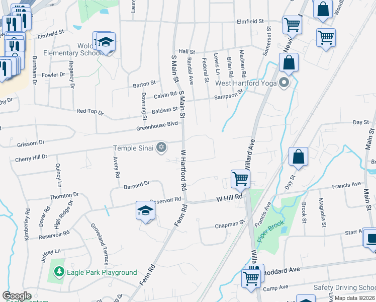 map of restaurants, bars, coffee shops, grocery stores, and more near 42 West Hartford Road in Newington