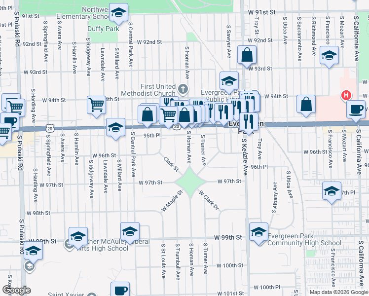 map of restaurants, bars, coffee shops, grocery stores, and more near 9545 South Homan Avenue in Evergreen Park