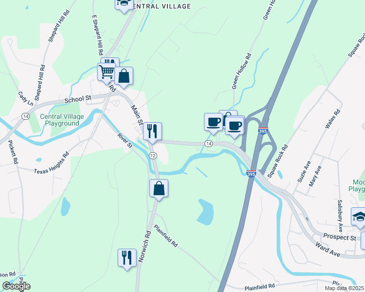 map of restaurants, bars, coffee shops, grocery stores, and more near 33 East Main Street in Plainfield