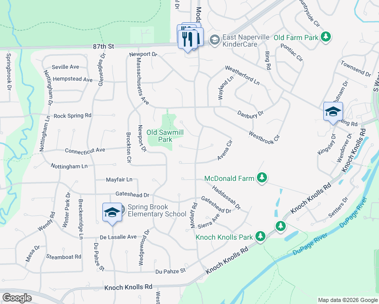 map of restaurants, bars, coffee shops, grocery stores, and more near 408 Pickerel Court in Naperville