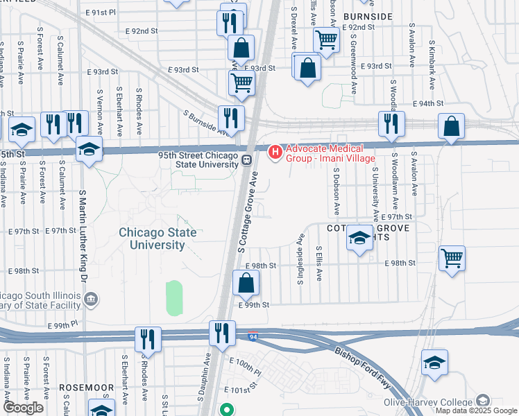 map of restaurants, bars, coffee shops, grocery stores, and more near 9633 South Cottage Grove Avenue in Chicago