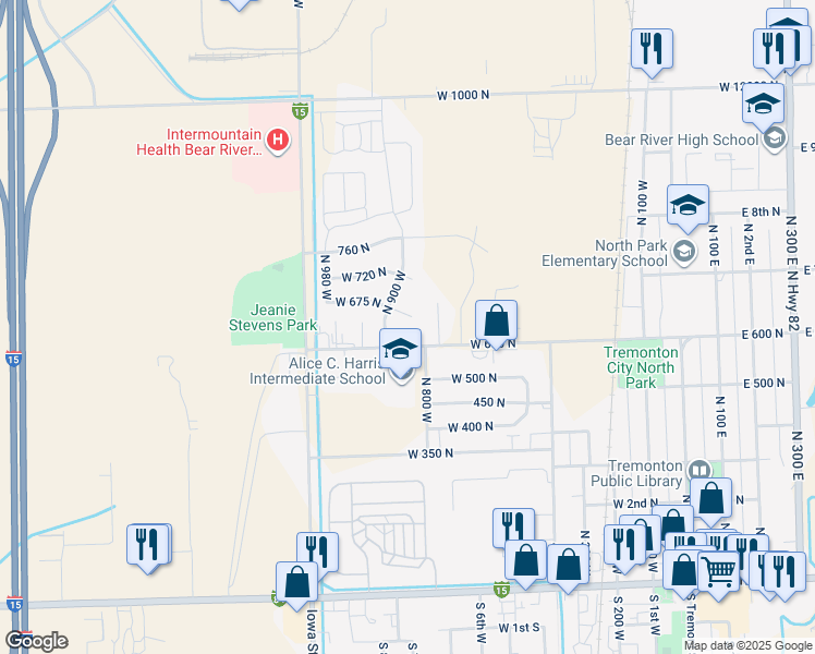 map of restaurants, bars, coffee shops, grocery stores, and more near 845 West 675 North in Tremonton