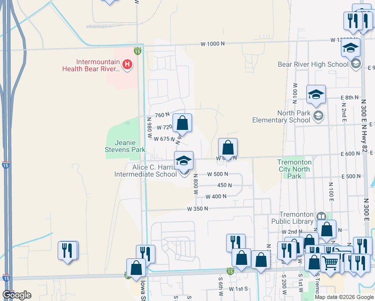 map of restaurants, bars, coffee shops, grocery stores, and more near 845 West 675 North in Tremonton