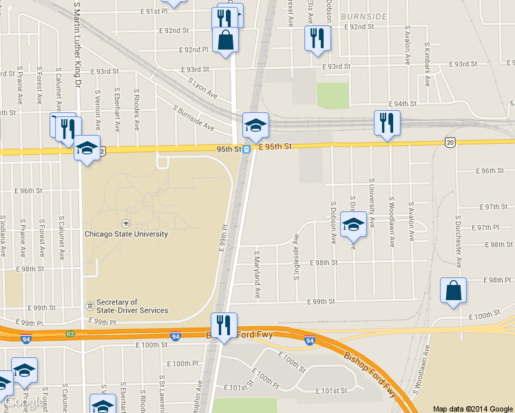 map of restaurants, bars, coffee shops, grocery stores, and more near 9621 South Cottage Grove Avenue in Chicago
