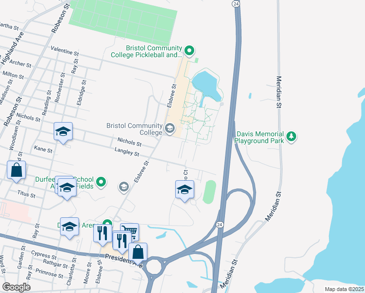 map of restaurants, bars, coffee shops, grocery stores, and more near Elsbree Street in Fall River