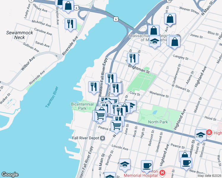 map of restaurants, bars, coffee shops, grocery stores, and more near 207 Lindsey Street in Fall River