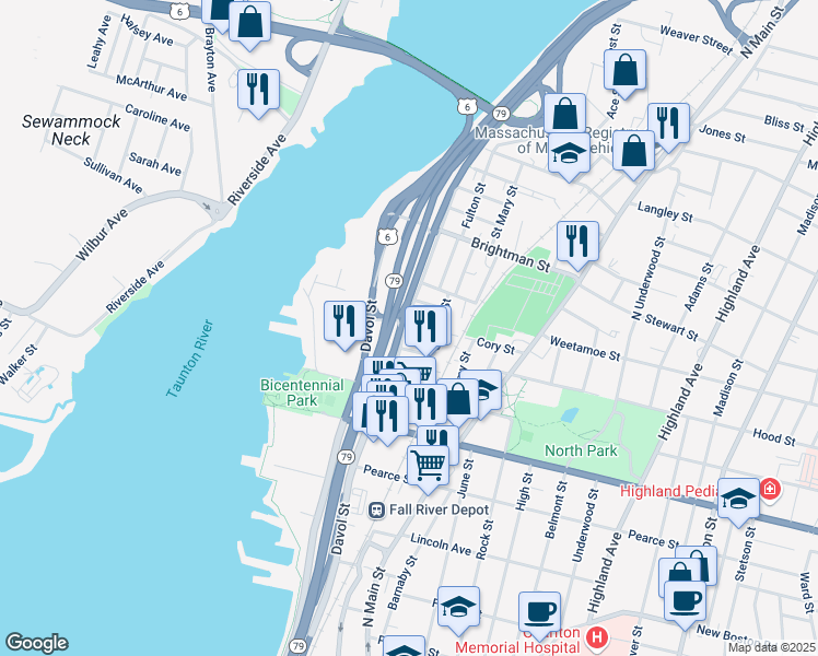 map of restaurants, bars, coffee shops, grocery stores, and more near 96 Cory Street in Fall River