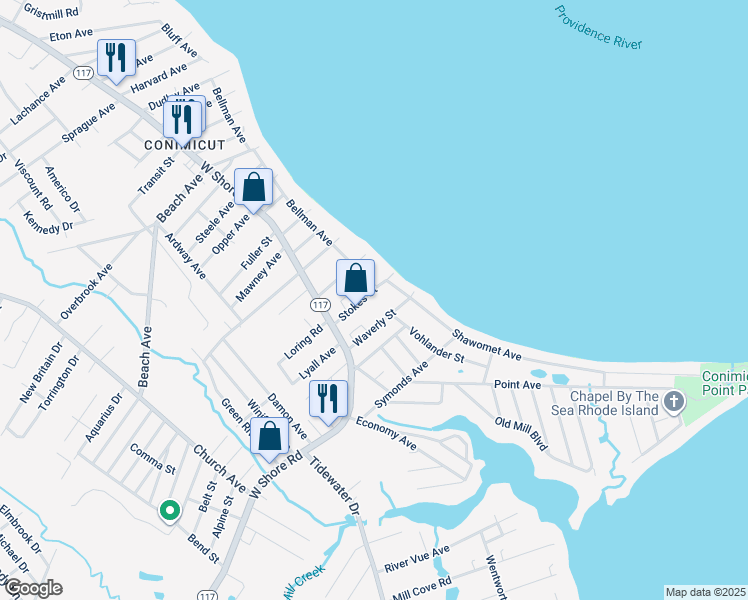 map of restaurants, bars, coffee shops, grocery stores, and more near 32 Stokes Street in Warwick