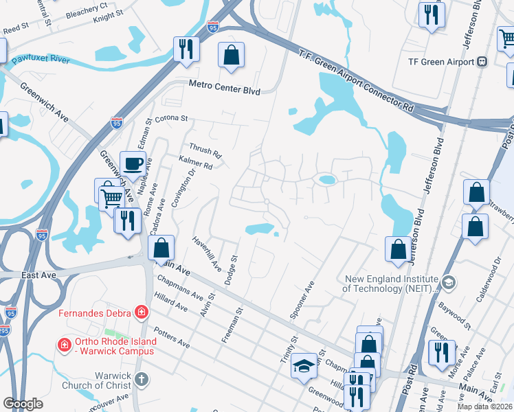 map of restaurants, bars, coffee shops, grocery stores, and more near 866 Stratford Lane in Warwick