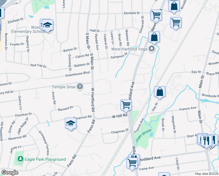 map of restaurants, bars, coffee shops, grocery stores, and more near 30 West Hartford Road in Newington