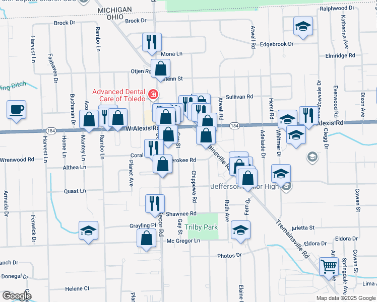 map of restaurants, bars, coffee shops, grocery stores, and more near 5724 Gay Street in Toledo
