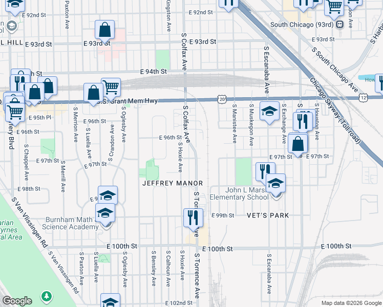 map of restaurants, bars, coffee shops, grocery stores, and more near 9633 South Torrence Avenue in Chicago