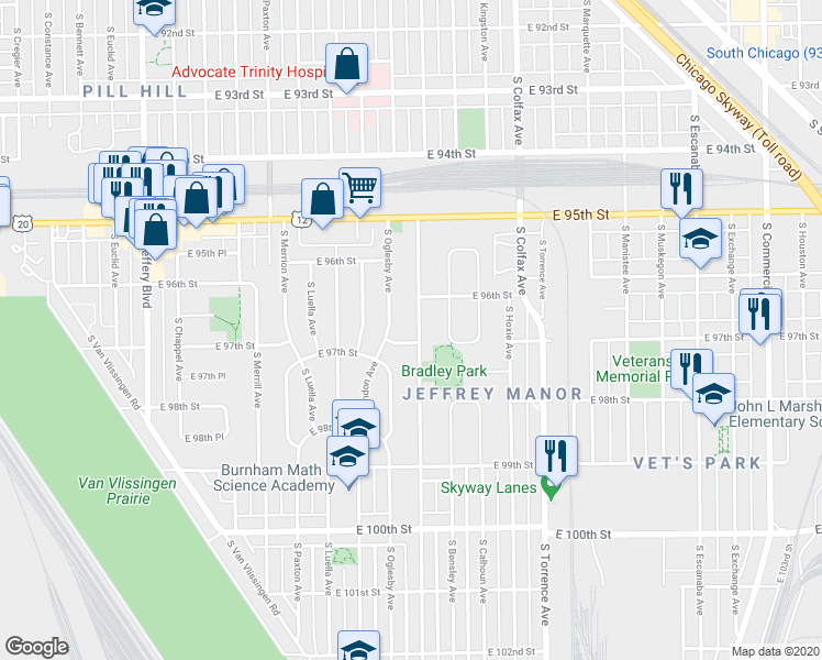 map of restaurants, bars, coffee shops, grocery stores, and more near 9648 South Yates Boulevard in Chicago