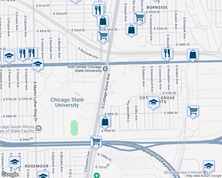 map of restaurants, bars, coffee shops, grocery stores, and more near 9621 South Cottage Grove Avenue in Chicago