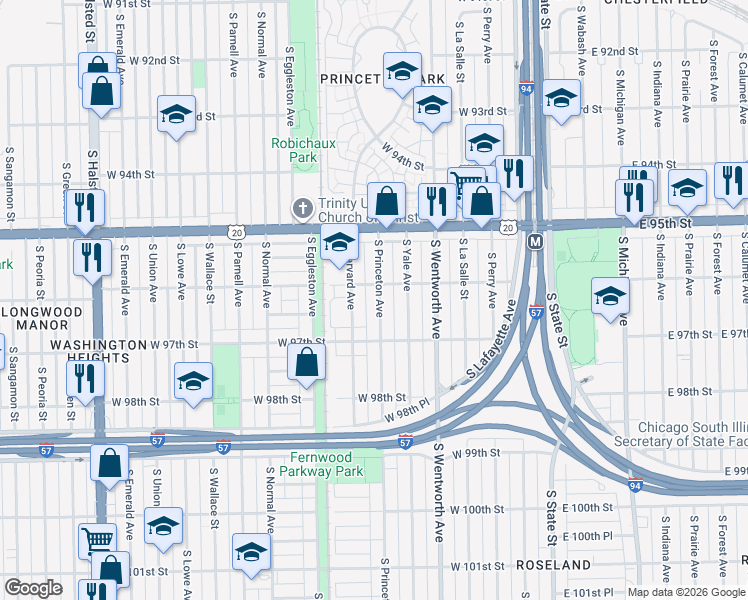 map of restaurants, bars, coffee shops, grocery stores, and more near 9614 South Princeton Avenue in Chicago