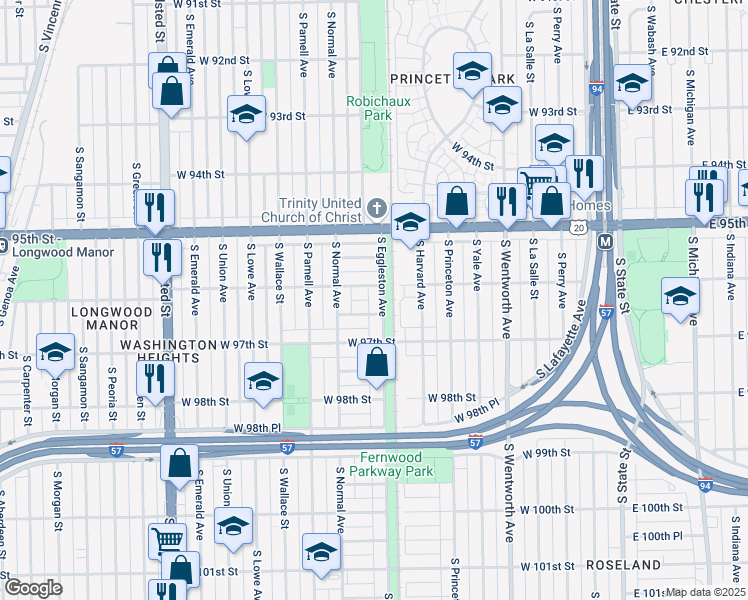 map of restaurants, bars, coffee shops, grocery stores, and more near 417 West 96th Street in Chicago