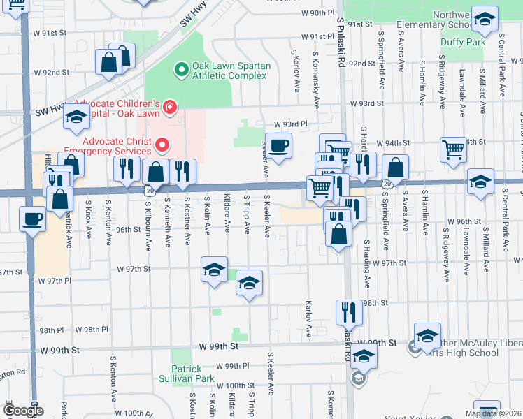 map of restaurants, bars, coffee shops, grocery stores, and more near 9524 South Keeler Avenue in Oak Lawn