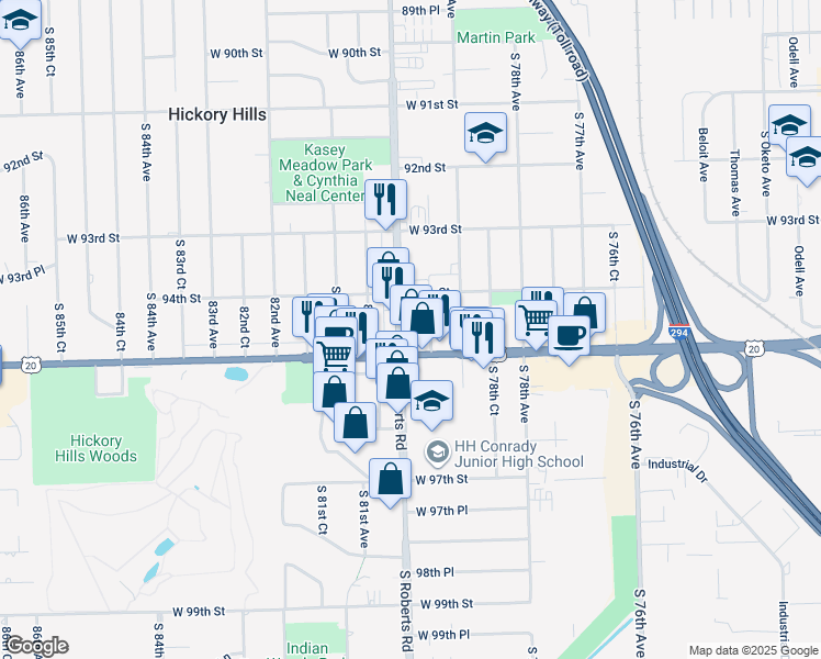 map of restaurants, bars, coffee shops, grocery stores, and more near 9421 South Roberts Road in Hickory Hills