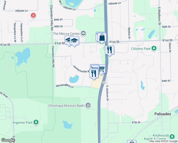 map of restaurants, bars, coffee shops, grocery stores, and more near 16W536 Honeysuckle Rose Lane in Willowbrook