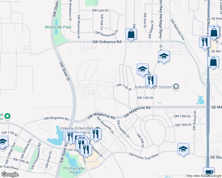 map of restaurants, bars, coffee shops, grocery stores, and more near 1373 Southwest Radcliffe Lane in Ankeny