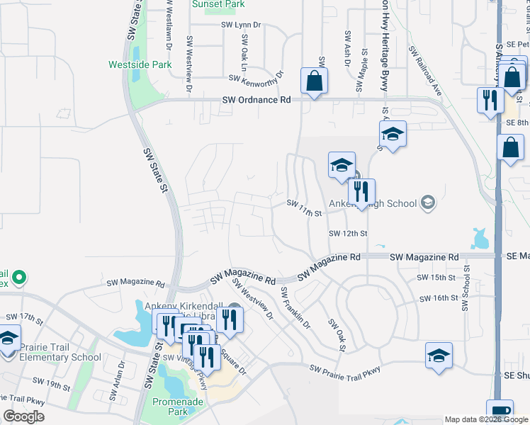 map of restaurants, bars, coffee shops, grocery stores, and more near 1373 Southwest Radcliffe Lane in Ankeny