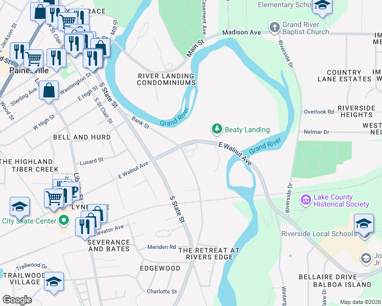 map of restaurants, bars, coffee shops, grocery stores, and more near 421 Banks Landing in Painesville