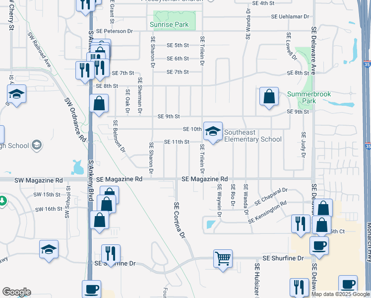map of restaurants, bars, coffee shops, grocery stores, and more near 513 Southeast 11th Street in Ankeny