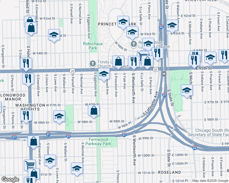 map of restaurants, bars, coffee shops, grocery stores, and more near 9614 South Princeton Avenue in Chicago