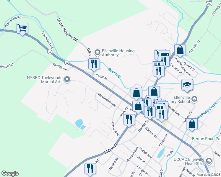 map of restaurants, bars, coffee shops, grocery stores, and more near 5 Bloomer Street in Ellenville