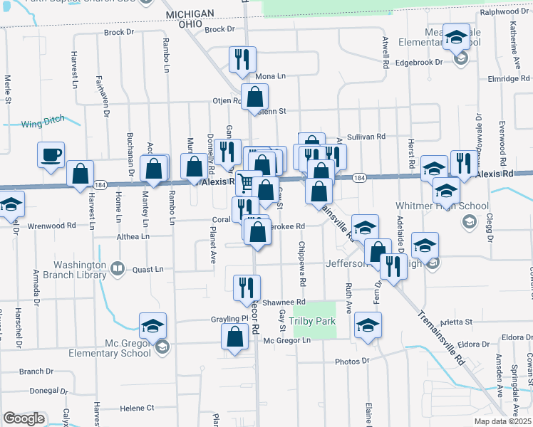 map of restaurants, bars, coffee shops, grocery stores, and more near 5720 Secor Road in Toledo