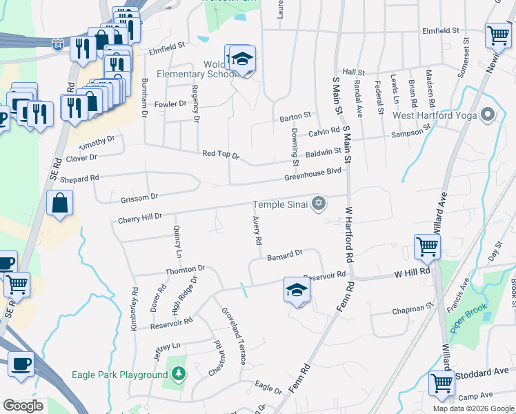 map of restaurants, bars, coffee shops, grocery stores, and more near 123 Cherry Hill Drive in Newington