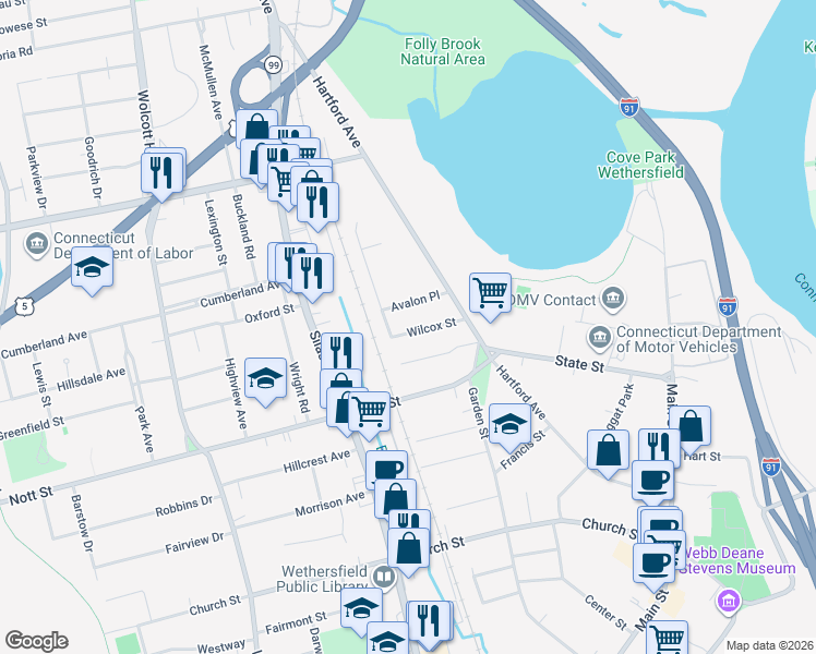 map of restaurants, bars, coffee shops, grocery stores, and more near 16 Wilcox Street in Wethersfield