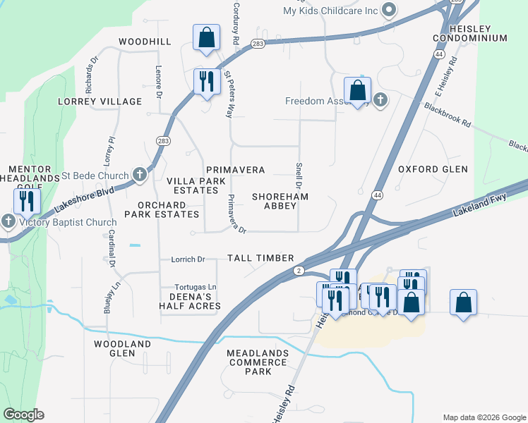 map of restaurants, bars, coffee shops, grocery stores, and more near 9336 Ivan Place in Mentor