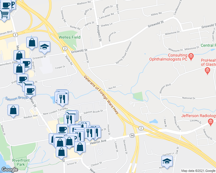 map of restaurants, bars, coffee shops, grocery stores, and more near 172 House Street in Glastonbury